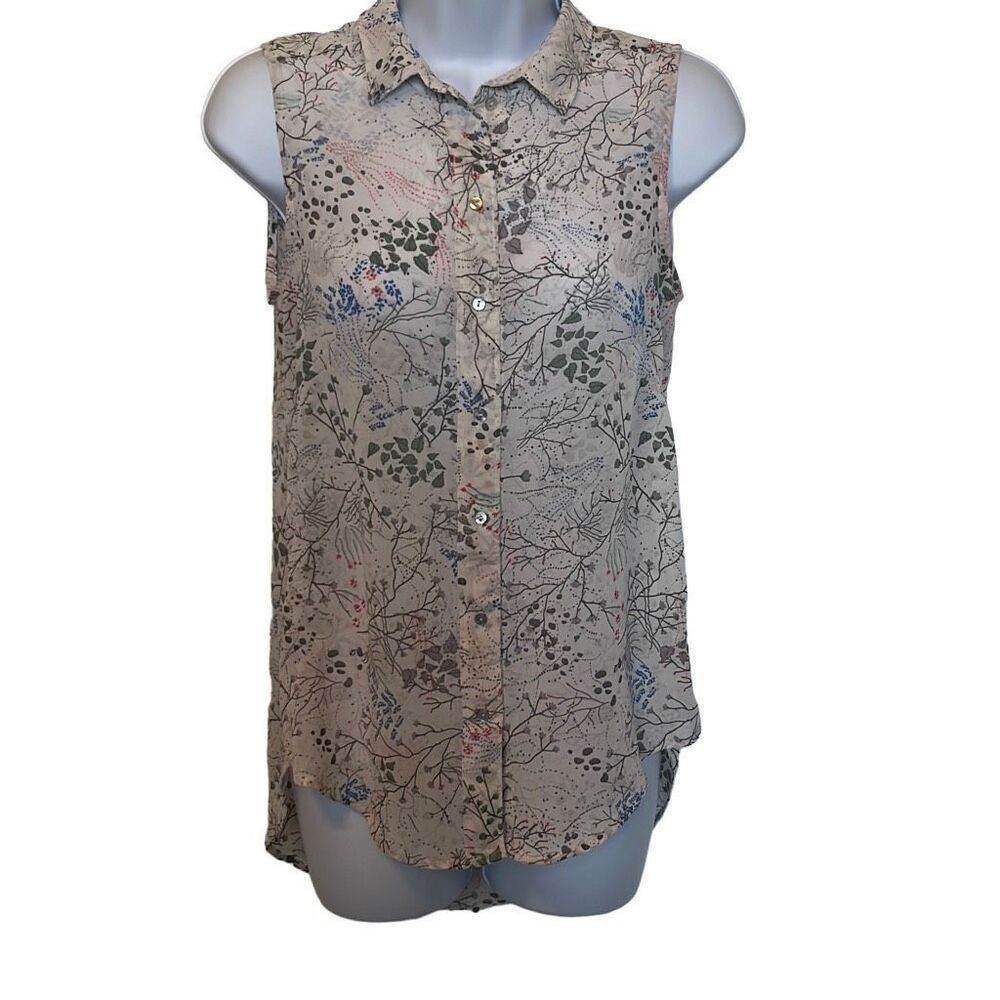 H&M Cream Green Botanical Print Sheer Sleeveless Button Down Blouse 4‎ Workwear